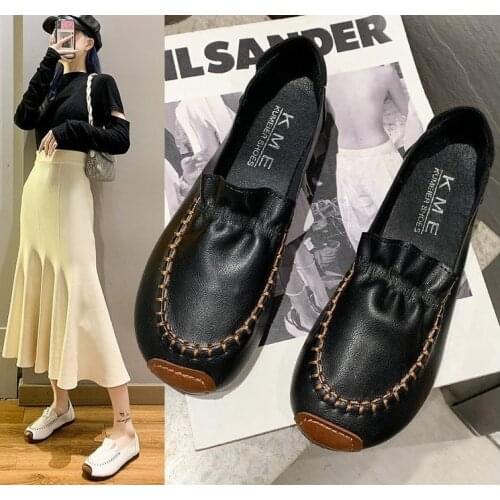 2021 new Womens new spring and autumn Korean version simple soft sole Ruffle comfortable leather flat shoes for women