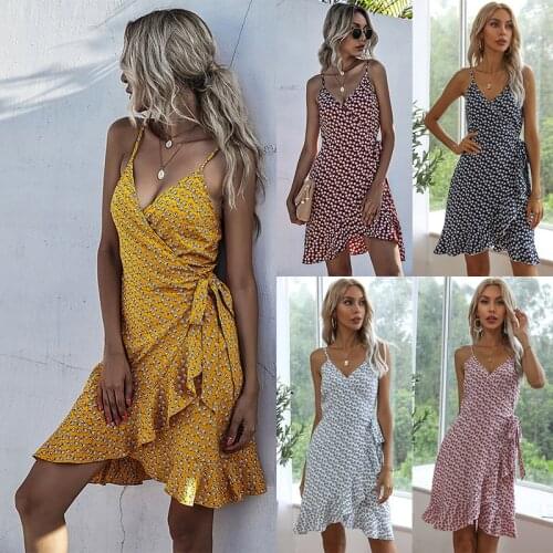 New 2021 Womens Summer Dress Halter Polka Dot Short Dress V-neck Lace-up Sexy Dress For Woman Wooden Ear Edge Tank Dress