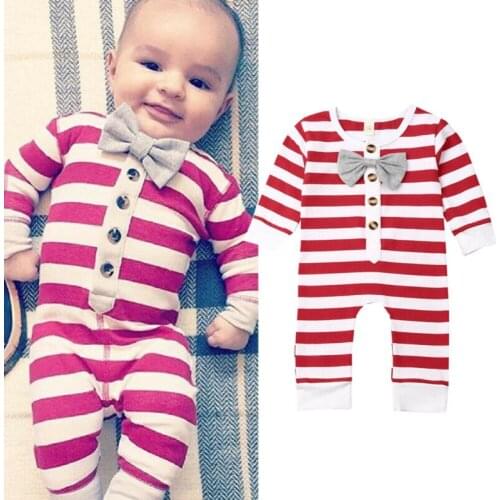 0-24months Newborn Clothing 2020 Spring Autumn Red Striped Baby Boys Rompers Baby Boys Active Bow Tie One Piece Jumpsuits Infant