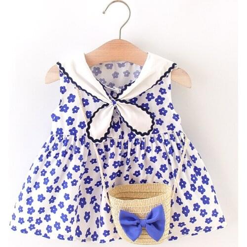 1-4 Year Toddler Girl Clothes Cute Bow Tie Navy Collar Princess Baby Dresses Sleeveless Casual Summer Dress Send Bag 2Pcs Outfit