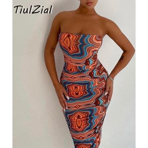 TiulZial Summer Sexy Tube Dress Strapless Print Club Midi Dress 2021 Vintage High Waist Ruched Party Dresses Women