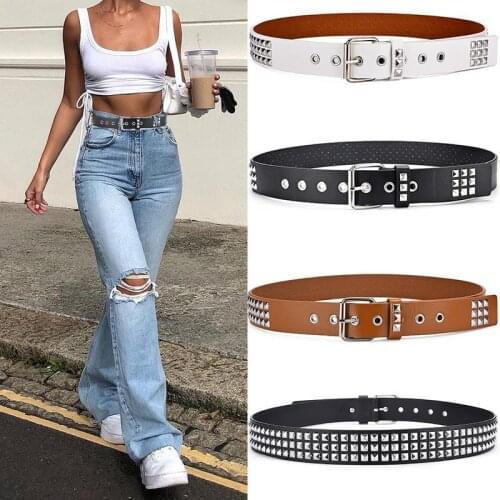 Womens Single Double or Rivet Grommet Belt, Punk Waist Belt with Chain Detachable 2 Hole Belt