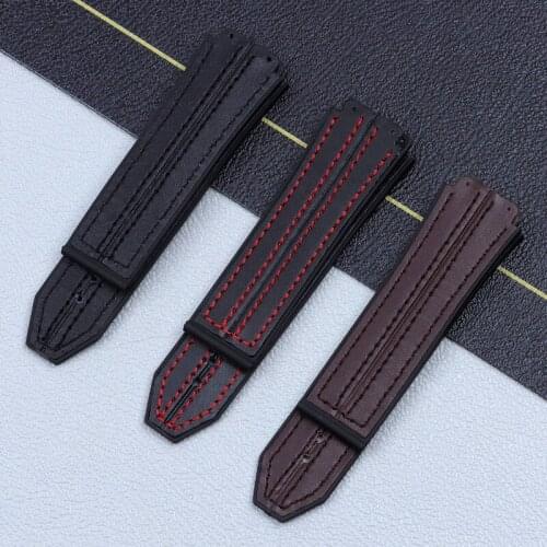 Black Red Stiching 25*19mm real cow leather Rubber Watchband for Hublot strap for Big Bang belt Watch band butterfly Buckle