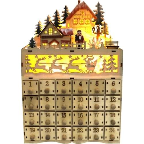 Christmas Wooden Advent Calendar LED Lighted Village House Santa Claus Countdown Ornament with Large Drawers Box Xmas Decoration