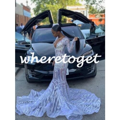 Sexy White Sequins African Women Prom Dresses Deep V Neck Plus Size Long Sleeves Custom Made Formal Evening Occasion Gowns Robe