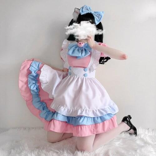 Japanese Woman Pink Blue Stitching Maid Outfit Bowknot Lolita Dress Suit Cute Kawayi Halloween Party Dress Up Cosplay Costume