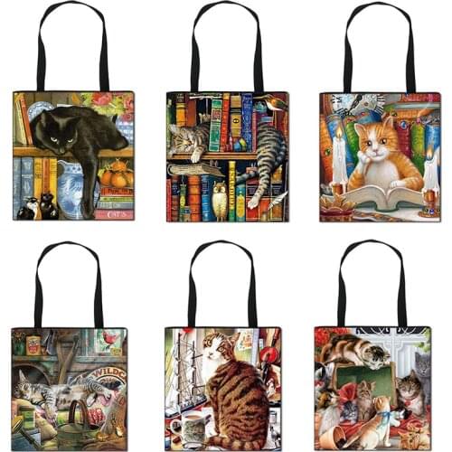 Oil Painting Cat Print Women Tote Bags Fashion Casual Handbag High Capacity Canvas Ladies Shopping Bag