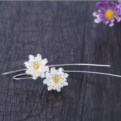 Wholesale Elegant Silver Color Long Lotus Flower Drop Earrings Fashion Jewelry Earrings For Women Pendientes Brincos