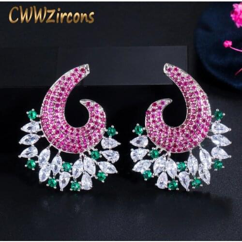 CWWZircons Unique Plant Element Fuchsia Red Cubic Zirconia Crystal Big Drop Earrings for Women Luxury Jewelry Collection CZ707