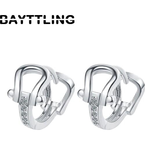 BAYTTLING 925 Sterling Silver 15MM Korea Fine CZ Zircon Horseshoe Hoop Earrings For Women Fashion Wedding Jewelry Gifts