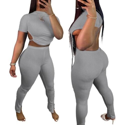 2021 Women Two-piece Clothes Set Solid Color Short Sleeve Round Collar Tops and Pants, Grey/ Black/ Blue