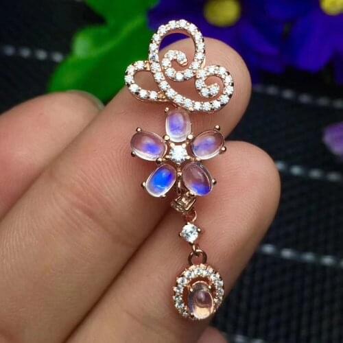 Natural blue moonstone pendant S925 silver Natural gemstone Pendant Necklace trendy Elegant Flower Tassels women party jewelry
