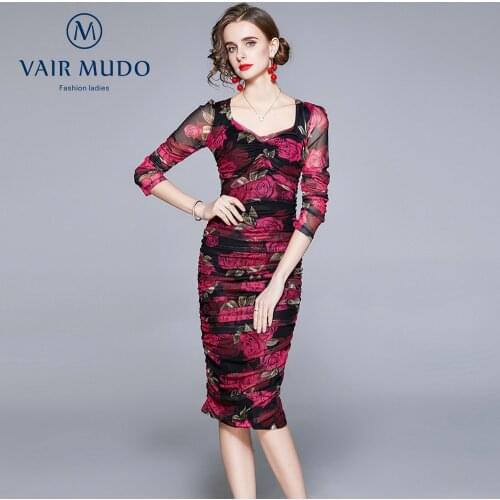 Spring Summer New Style Womens Dress Net Yarn Printing Slim Fit Wrap Arm Sexy Dress Elegant Sheath Square Collar Fashion Y-146