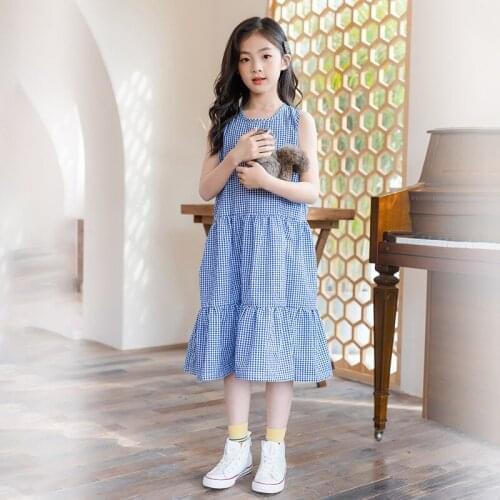2021 Girls Summer Dress Sleeveless Plaid Princess Dress Elegant Blue Kids Dresses for Girl 6 8 10 12 14 16Y Children Clothing