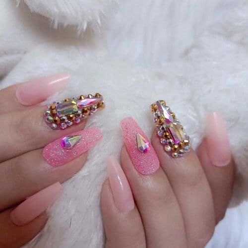 24pcs latest candy long ballet handmade crystal diamond fake nails sexy Nude
