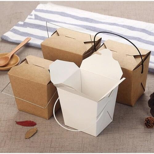 50pcs Disposable kraft paer portable lunch box white card food salad packaging box BBQ picnic favor food containers with handle