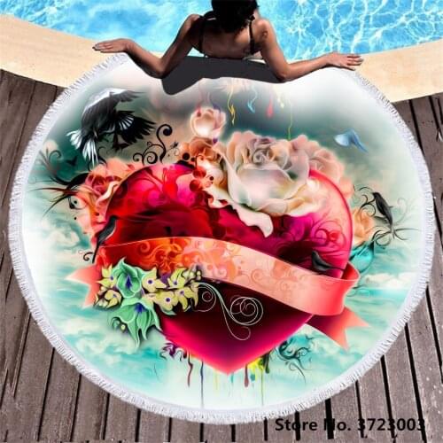 Colorful Gear Heart-shaped Microfiber Round Beach Towel Fashion Tassel Beach Towel Travel Mat Absorbent Quick-drying Bath Towel