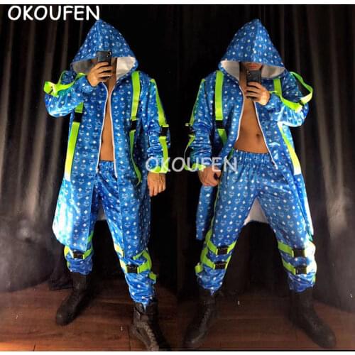 Bar nightclub men and women singer clothing tide brand hip hop night ds fluorescent ribbon long coat costume