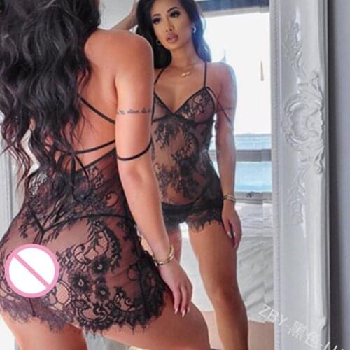 Women Sexy Perspective Lingerie Lace Babydoll Dress V-neck Backless See-Through Bandage Night Club Party Nightwear Sleepwear