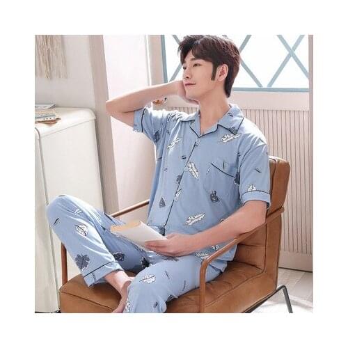 Casual 2PCS Pajamas Suit Nightwear Men Cotton Home Clothing 2PCS Sleep Set Intimate Lingerie Autumn New Soft Pyjamas Sleepwear