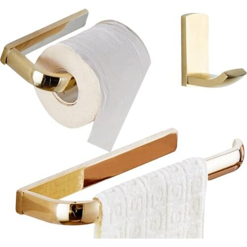 Leyden Golden Finish Brass 3pcs Bathroom Accessories Set Wall Mounted Towel Ring Holder Toilet Roll Paper Holder Clothes Hook