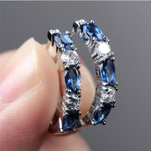 Multicolor Oval Stone Hoop Earrings Minimalist Female Blue Crystal Round Earrings For Women Cute Rainbow Zircon Wedding Earrings