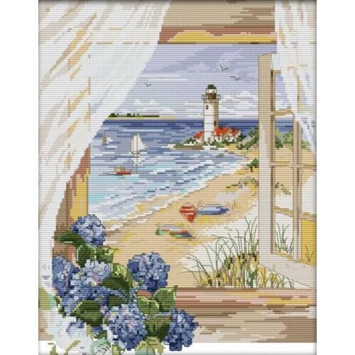 Sea scenery out window,Counted Cross Stitch 14CT Cross Stitch Sets Wholesale cartoon Cross-stitch Kits Embroidery Needlework