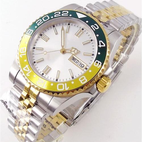 Gold Plated Sapphire Mens Automatic Watch NH36 Movement Day/Date Silver Face Two Tone Jubilee Band Ceramic Rotating Bezel