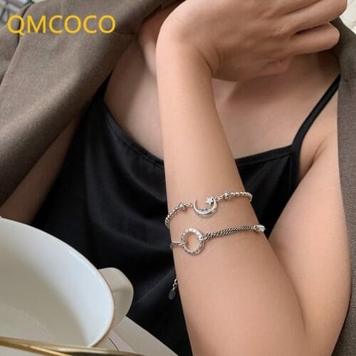 QMCOCO 925 Silver Punk Brcacelet For Women Girl New Style Trendy Creative Moon Star Bead Chain Bangles Party Jewelry Accessories