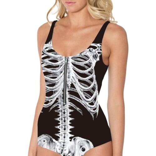 New S To 3XL 3D Skeleton White Black One Piece Swimwear Plus Size Summer Women Beach Wear Bodycon Suits Zipper