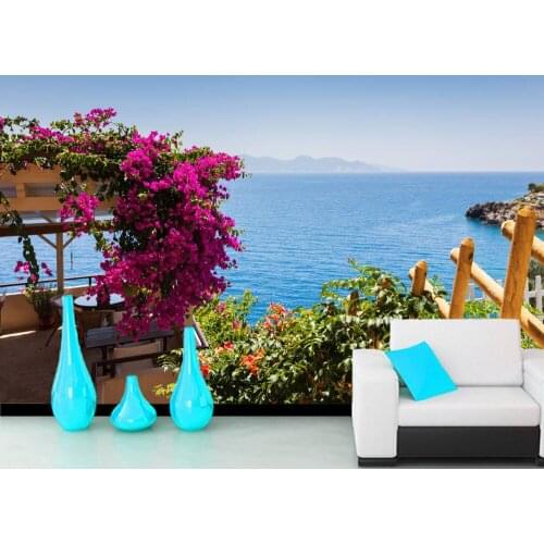 Papel de parede Pink flowers along Greek town coast 3d wallpaper mural,living room tv wall bedroom wall papers home decor mural