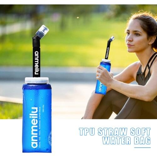 Portable sports drinking water bottle food-grade silicone soft water bottle with straw design used for climbing running cycling