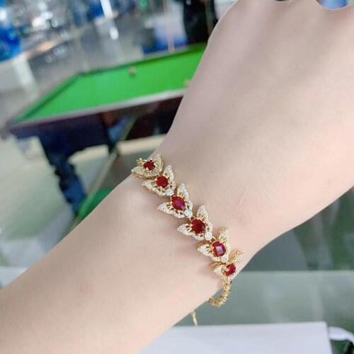 Luxury charming butterfly shape red ruby gemstone bracelet for women silver jewelry 100% natural gem 925 silver gild gold color