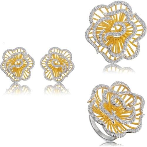 Eulonvan luxury 925 sterling silver wedding Flower jewelry sets for women (ring/earring/pendant) White Cubic Zirconia S-3792set