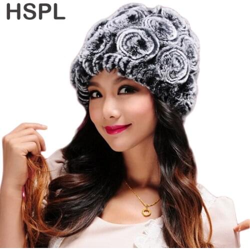 HSPL Rose Decoration Rabbit Fur Hat For Winter Wholesale Price Rose Flower Warm Lady Fur Hats 2017 Fashion Winter Caps