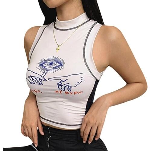 Women Sleeveless Crop Top Stylish Print Turtle Neck Slim Fitted Tank 2021 Fashion Trend Summer Casual New Sun-Tops Camisole