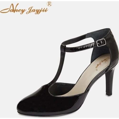 T-strap Woman Shoes Female Pumps Patent Leather Black Solid Super High thin heel T-Strap Bukle Strap Casual Classics 2021