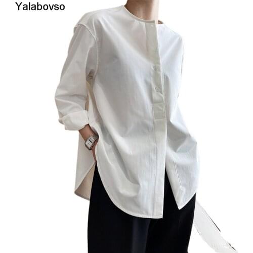 New Design Small Crowd Round Neck Pullover Shirts Women 2021 Autumn Newest Loose Tops White Blouse Female Yalabovso