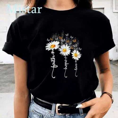 Faith Hope Love Flower T-shirt Women Print Fashion Tops Tee Ladies Short Sleeve Casual Summer Shirts for Women,Dropshipping