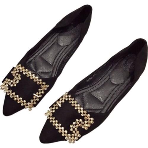 New Square Buckle Rhinestone Pointed Head Wild Shallow Mouth Flat Shoes 2019 Spring Womens Single Flat Soft Bottom Fairy Shoes