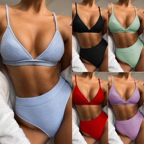 Special Fabric Female Swimsuit High Waist Bikini 2021 Women Swimwear Two-pieces Bikini set Ribbed Bather Bathing Suit Swim