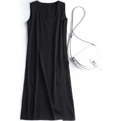 2021 Summer Casual Black Midi Dress Women Sleeveless O Neck Chic Dresses Female Elegant Split Dress Vestidos Mujer