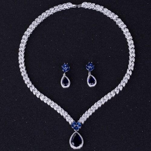 Zlxgirl bridal jewelry sets blue and green drop water shape zirconia anniversary jewelry sets brand copper necklace and earring