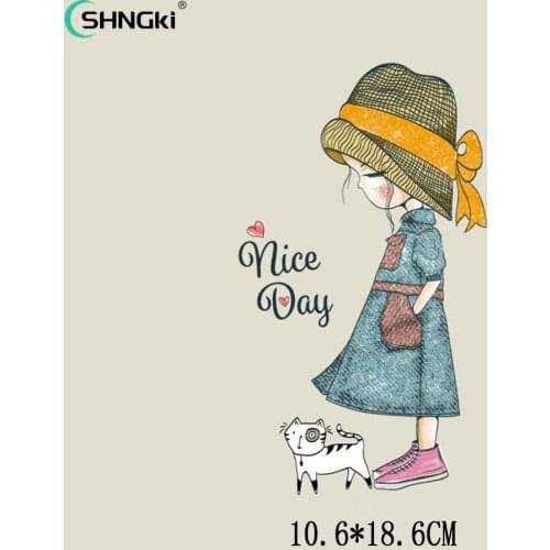 1pc Lovely girl Heat Transfer NICE DAY Patch Ironing Stickers Iron On Patches A-plus Washable Appliques 10.6*18.6cm