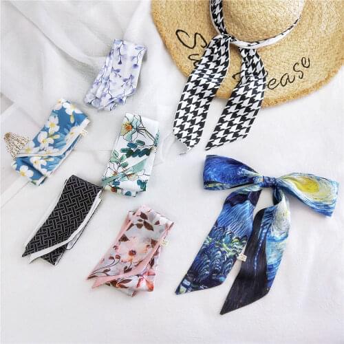 2021 New Design Double-Sided Printed Small Neckerchief Long Imitation Silk Scarf Women Bags Ribbon All-match Neck tie Decoration