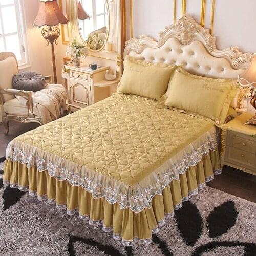 New European style Quilting lace Bed Skirt cotton Bedspread Bed Sheet Bed Cover Pillowcase Bedding Set 3pcs