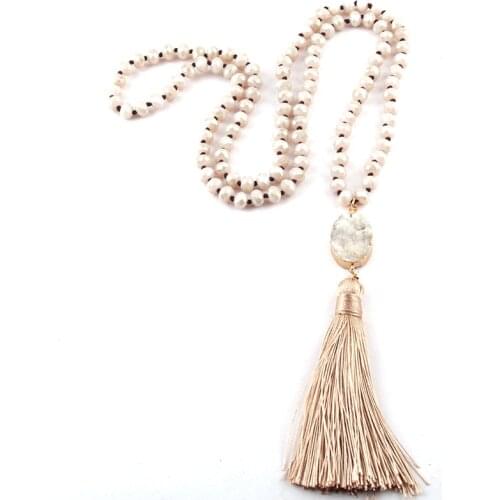 Free Shipping Fashion Bohemian Tribal Jewelry Beige Crystal Glass Knotted Druzy Link Crystal Tassel Necklaces