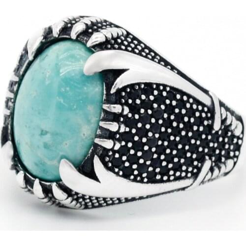 Turquoise Ring 925 Sterling Silver Islamic Double Swords Power Claw Ring for Men Women Retro Religious Turkish Fine Jewelry Gift