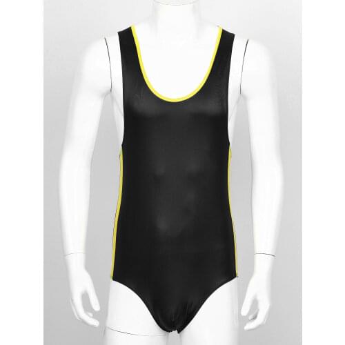 Mens Sexy Teddies Bodysuit Sleeveless Bodysuit Stretchy Patent Leather Patchwork Jockstraps Pouch Gymnastic Lingerie Underwear