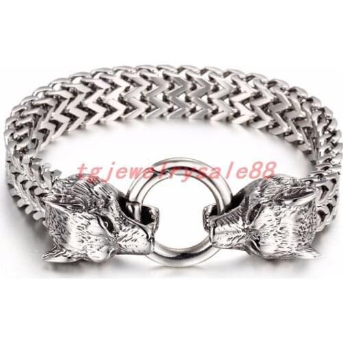 12mm Wide Heavy Huge Fashion Mens Silver Color Stainless Steel Figaro Rolo Chain With Wolf Heads Clasp Bracelet Jewelry 8.66"